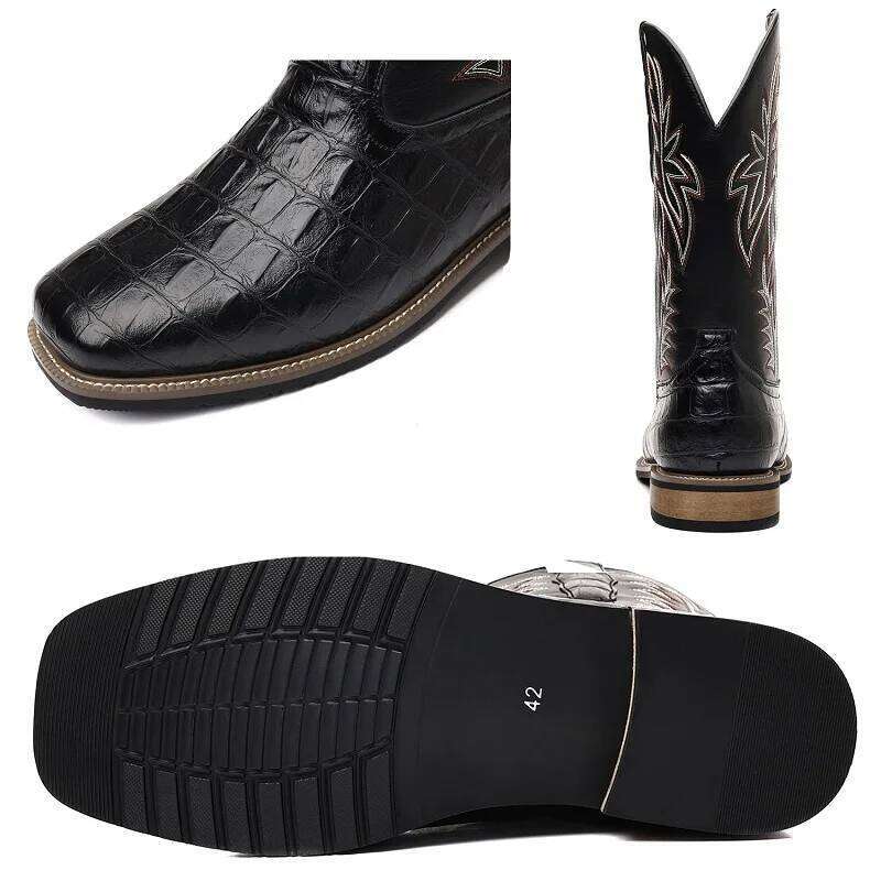 Retro wide toe Western cowboy high-quality Men's Male shoes adult embroidery Mid-Calf boots Knight Cowboy Boots 2025