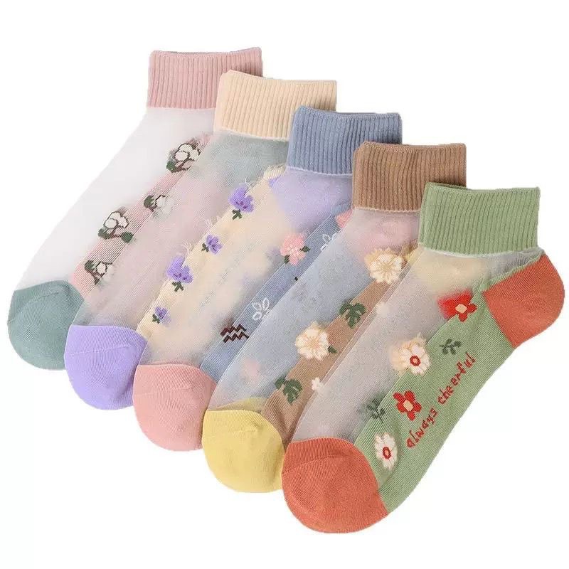 OC511001 Summer Thin Socks for Female Students Short Boat Socks Anti Hook Breathable Sweat Absorbing Sweet Plant Flower Pattern
