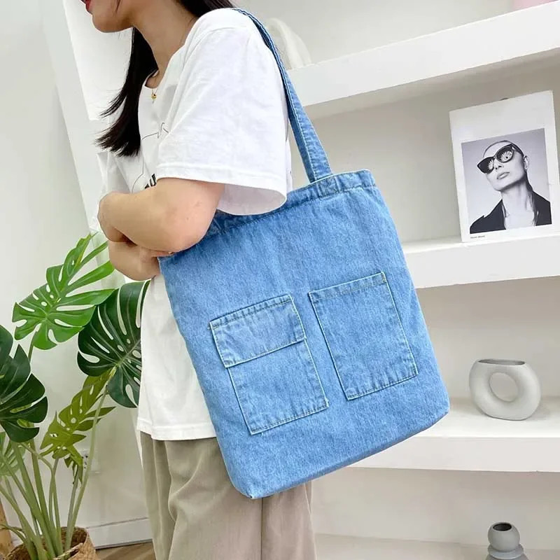 Large Capacity Women Shoulder Bags Wild Casual Handbag Street Canvas Denim Shoulder Bag Solid Color Zipper Shopping Bag 251029
