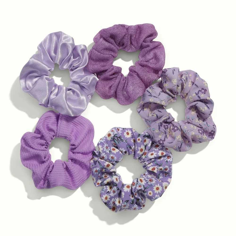 5pcslot Scrunchies Hair Elastic Scrunchy Ties Ropes for Ponytail Holders Floral No crease Pink Leopard Cute PurpleW251028