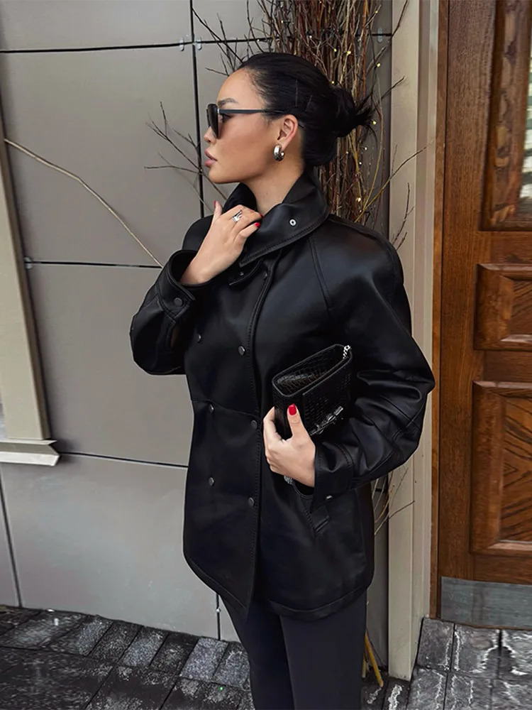 Women Fashion Black Leather jacket Double slim fit stand up collar Coat 2025 Autumn High Street Outfits Womens jackets 251029
