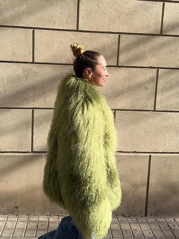 Green Fluffy Faux Fur Jacket Women Fashion Lapel Long Sleeve Loose Warm Coat 2025 Winter Lady High Street Outerwear 251029