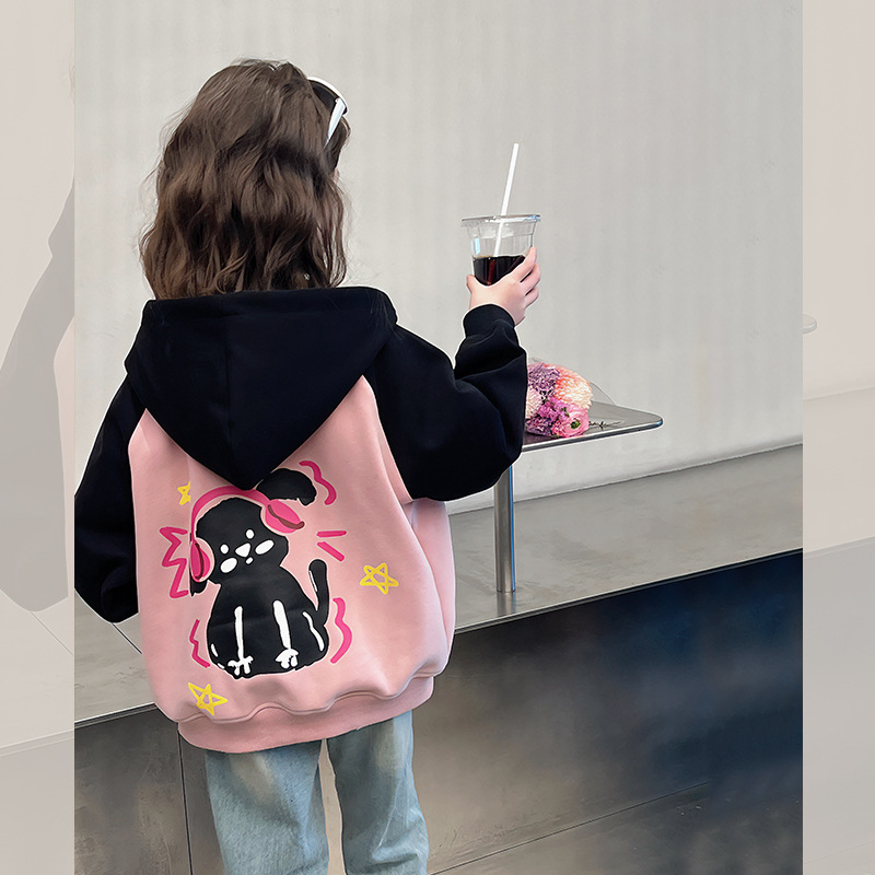 Girls' fashion sports jacket, children's color blocked cardigan, plus size children's hooded jacket, designer new style