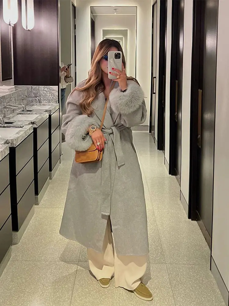 Street Furry Patchwork Slim Womens Long Woolen Overcoats Vneck Full Sleeve Lace Up Coats Fashion Office Lady Autumn Outerwears 251028