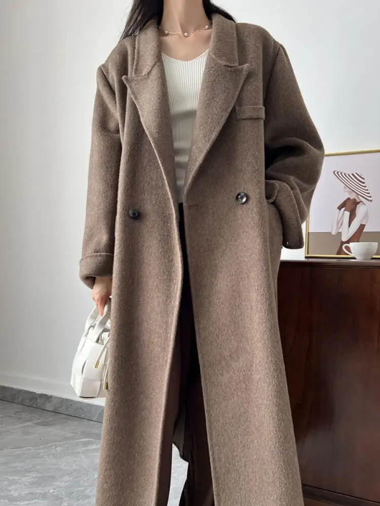 Office Lady Woolen Jackets Autumn And Winter Suit Collar Double Breasted loose Long Womens 100 Wool Coats 251028