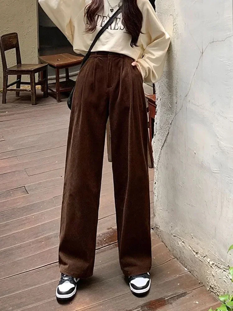 Fashion Corduroy Pants Women Retro High Waist Loose Coffee Trousers Fall Winter Vintage Black Wide Leg Steetwear 251029