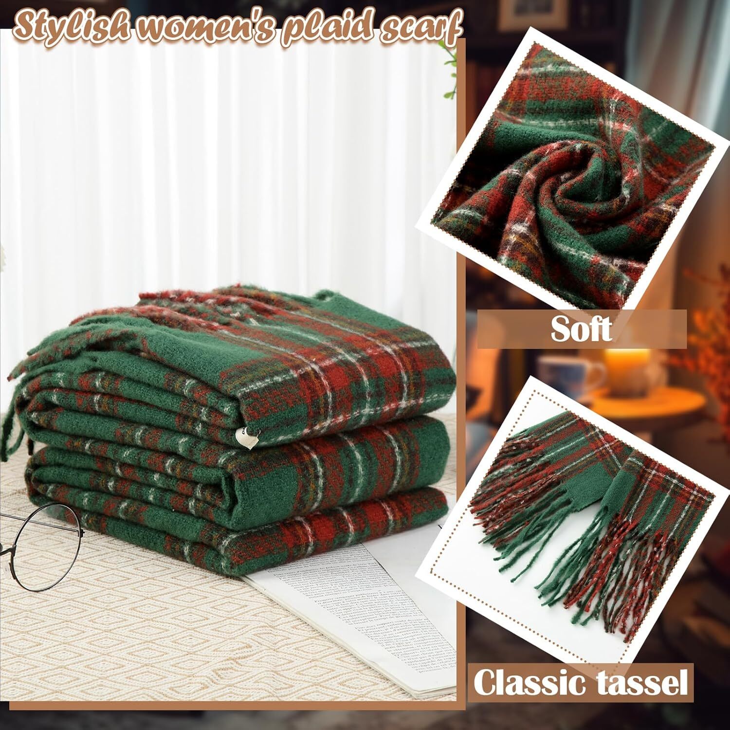 Custom Christmas for Women Men Soft Green Buffalo Plaid Winter Scarf Cashmere Feel Fashion Tartan Gifts