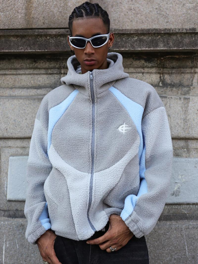 Men's Jackets Color-Block Sherpa Hooded Jacket - Zip Closure & Ribbed Cuffs Warm Oversized For Winter Street Gatherings