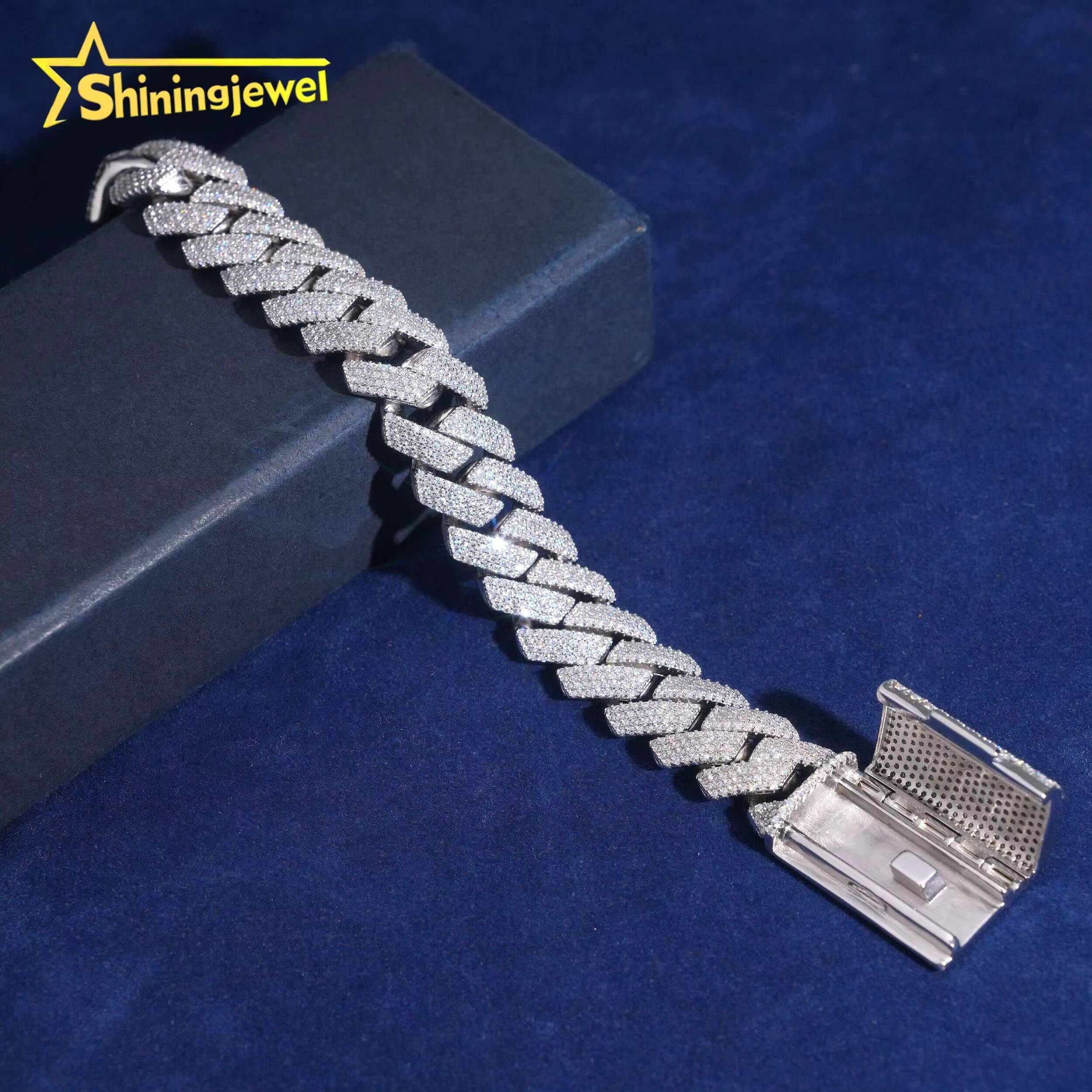 Hot Sale 15mm Cuban Chain Moissanite Men Hip Hop Sterling Silver 925 Gold Plated Moissanite Pass Diamond Test Cuban Bracelet