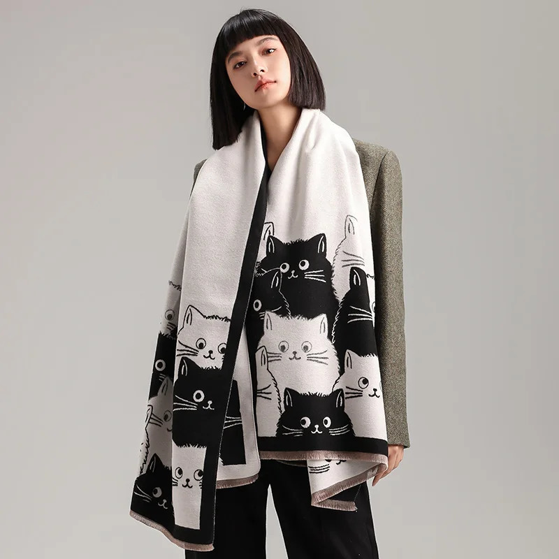 Fashion Cute Cat Ladies Jacquard Cashmere Scarf Winter Thick Warmth Shawl Coldproof Windproof Blanket 251013