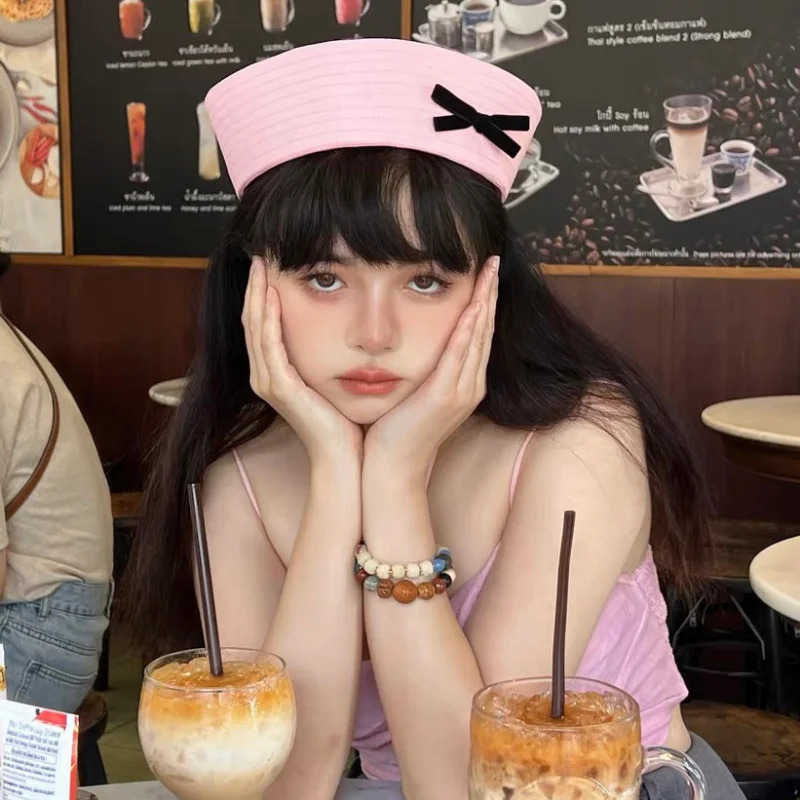Korean Bow Knot Cute Pink Sailor Hat Flip Eaves Versatile Sweet Girl Spring and Summer JK Beret Dome Fashion Womens Cap 251029