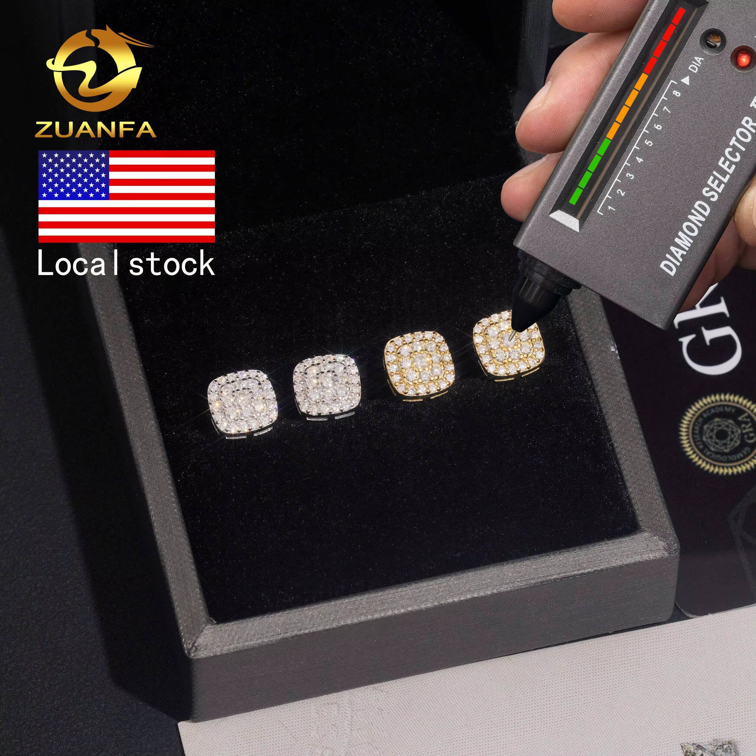 USA Warehouse Ship Directly Silver 925 VVS Moissanite Lab Diamond Hip Hop Fine Jewelry Iced Out Stud Earrings