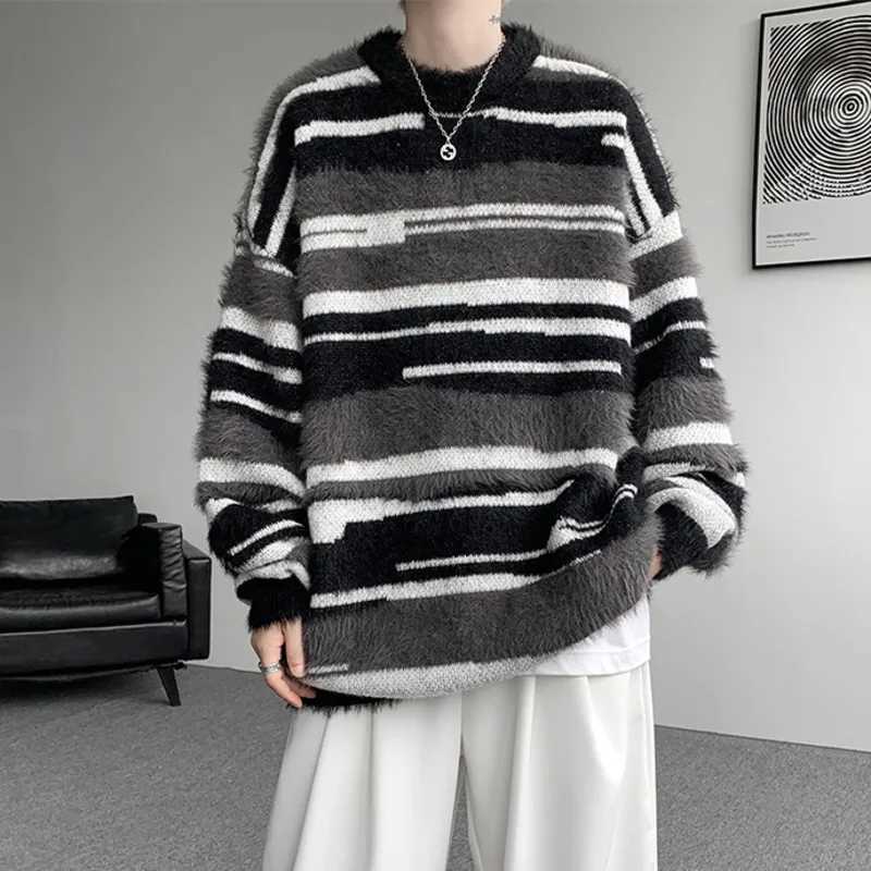 FEWQ Niche Design Mens Sweaters Round Collar Striped Design Contrast Color Cloth Mohair Pullover Male Knitting Tops 24K6063 J251029