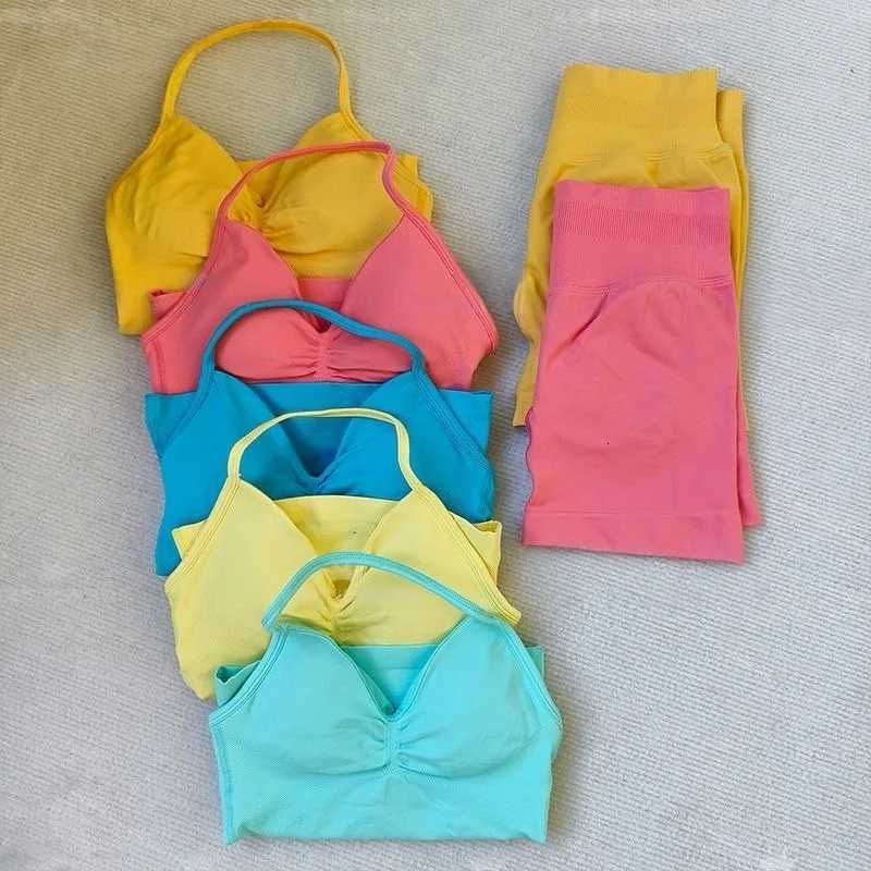 2Pcs Set Yoga Strappy VestShorts Women Resistance Training Seamless Padded Halter Tank Top Scrunch Butt Lifting Gym Shorts SetXJ251029
