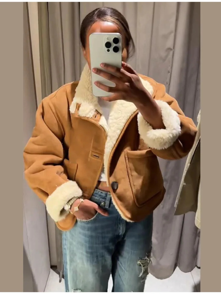 Winter Suede Faux Fur Reversible Jacket For Women Y2k Lapel Single Breasted Pockets Coats Lady Chic Warm Casual Outerwear 251028