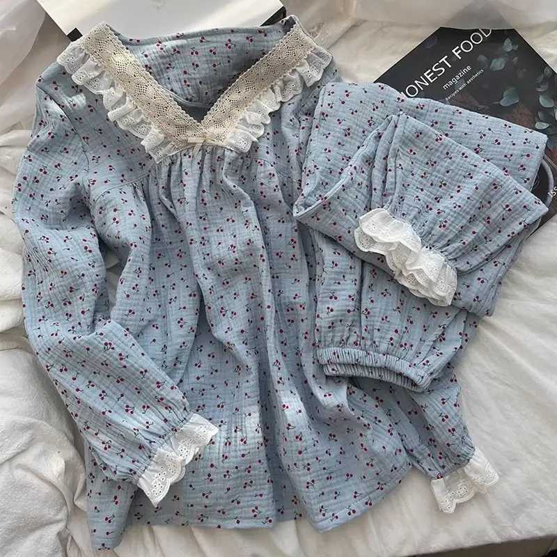 Pajama Sets Women Chic Lace Cute Schoolgirls Prints Sleepwear Japanese Style Fashion Long Sleeve Pajamas New Autumn College HomeT251029