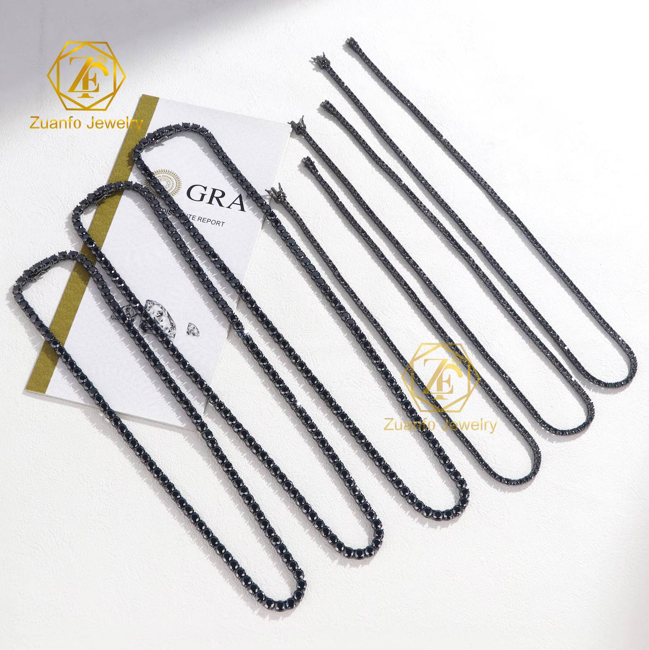 Wholesale 925 Sterling Silver Moissanite Tennis Chain Round Cut Black Diamond Bracelet and Necklace in Sizes 2mm 4mm 5mm 3mmDesigner style