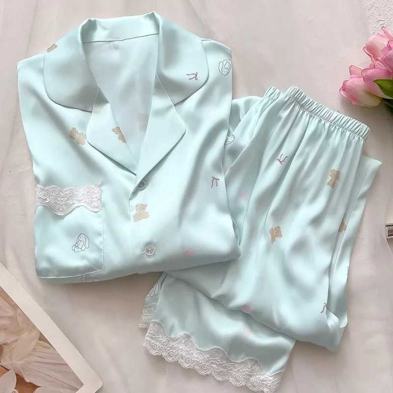 Bear Print Pajamas Women Cool Ice Silk Short Sleeve Pants Loungewear Cardigan Lace Fall and Winter TwoPiece Set Plus SizeT251029