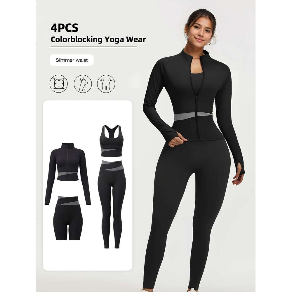4pcs Women'S Wear Workout Set with Zipper Jacket Leggings Sports Bra Euro Size for Running Fiess And Yoga