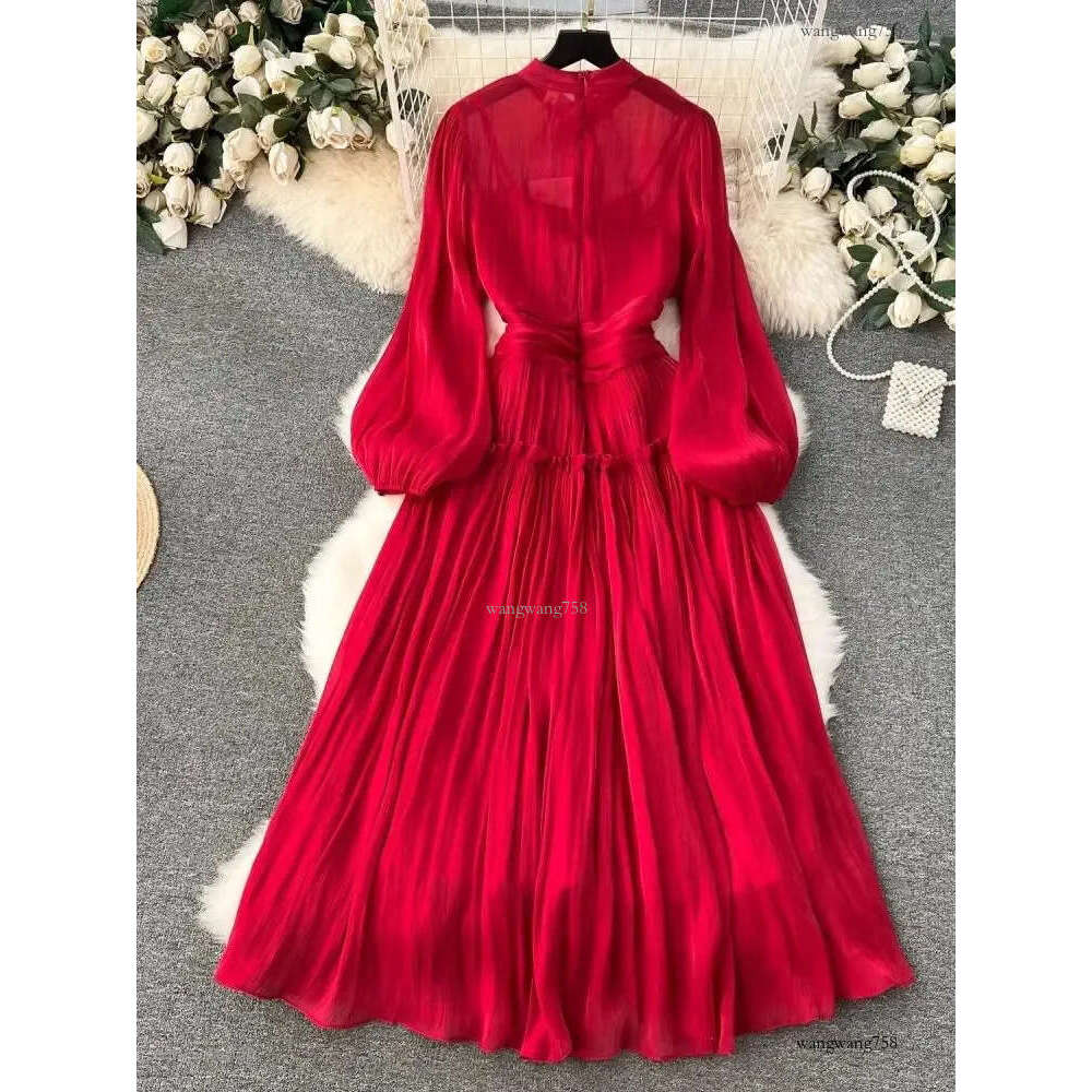 French Folds Wedding Formal Occasion Dresses For Womens Stand Puff Sleeve Chic A-Line Pleated Shine Robe Clothes Holiday 240929