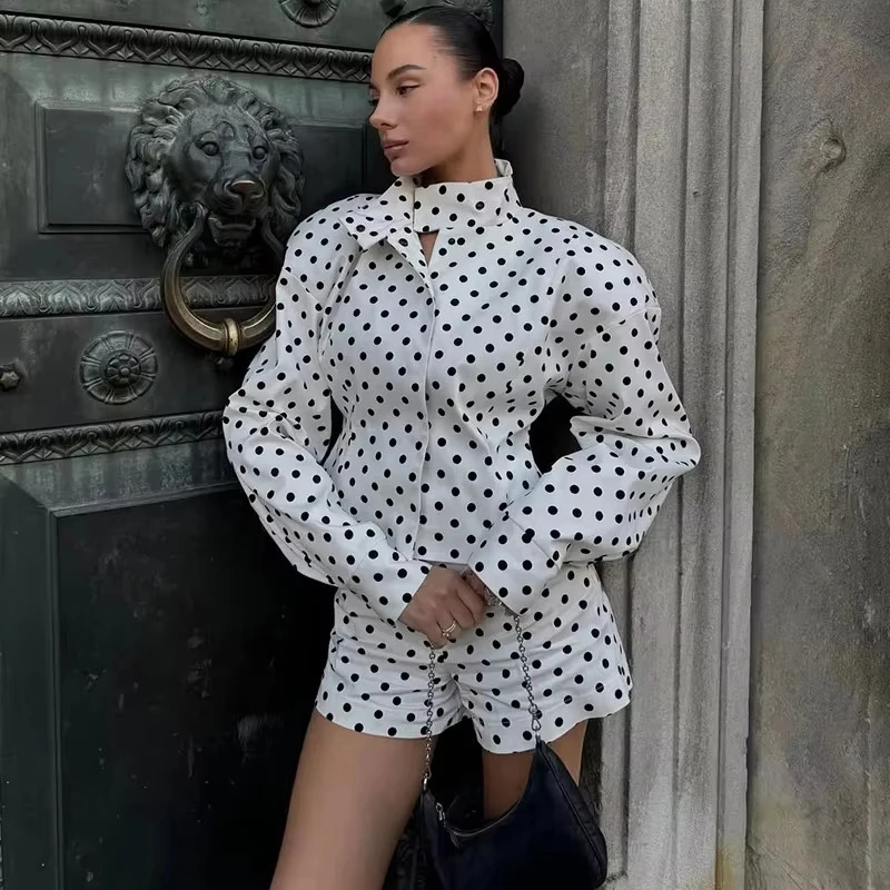 Autumn Women Long Sleeves Turtleneck Zipper With Pockets Casual Coats Outfits Fashion Polka Dot Printed Jacket Shorts Suit 251029