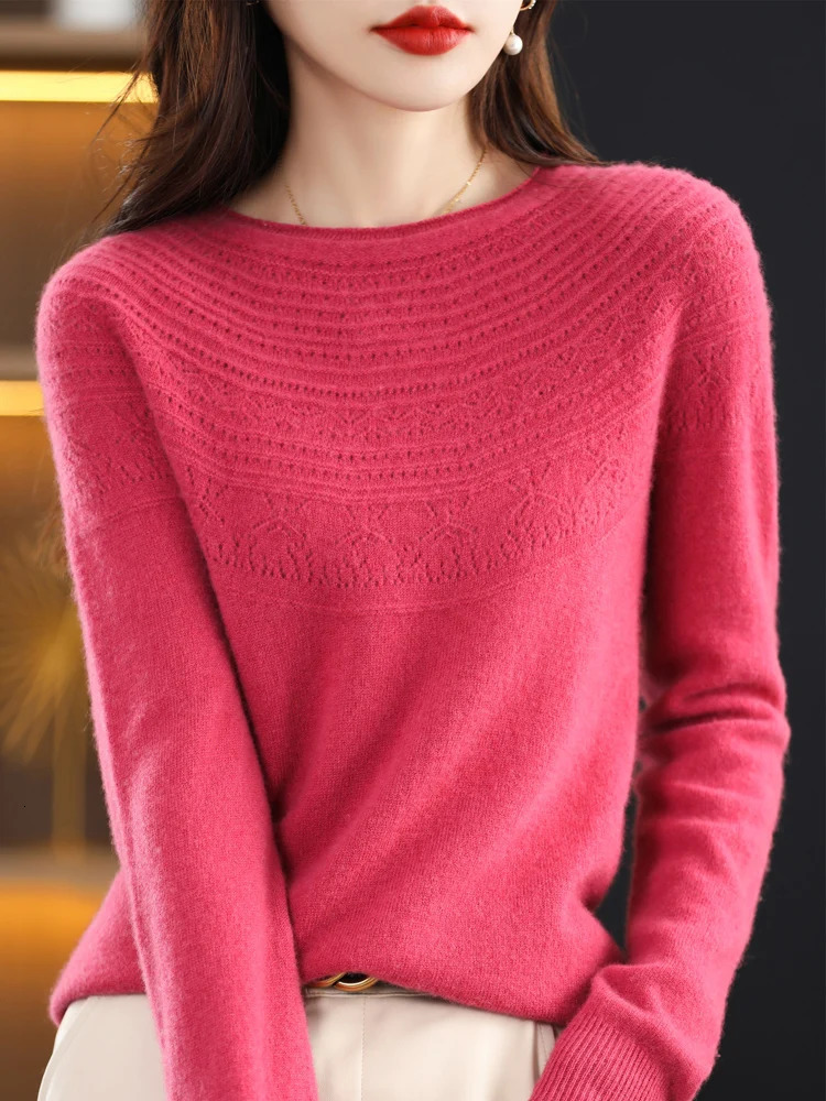 Women 100 Merino Wool Sweater Autumn Winter Pullovers ONeck Hollow Cashmere Knitwear Female Basic Bottoming Clothing Tops 251029