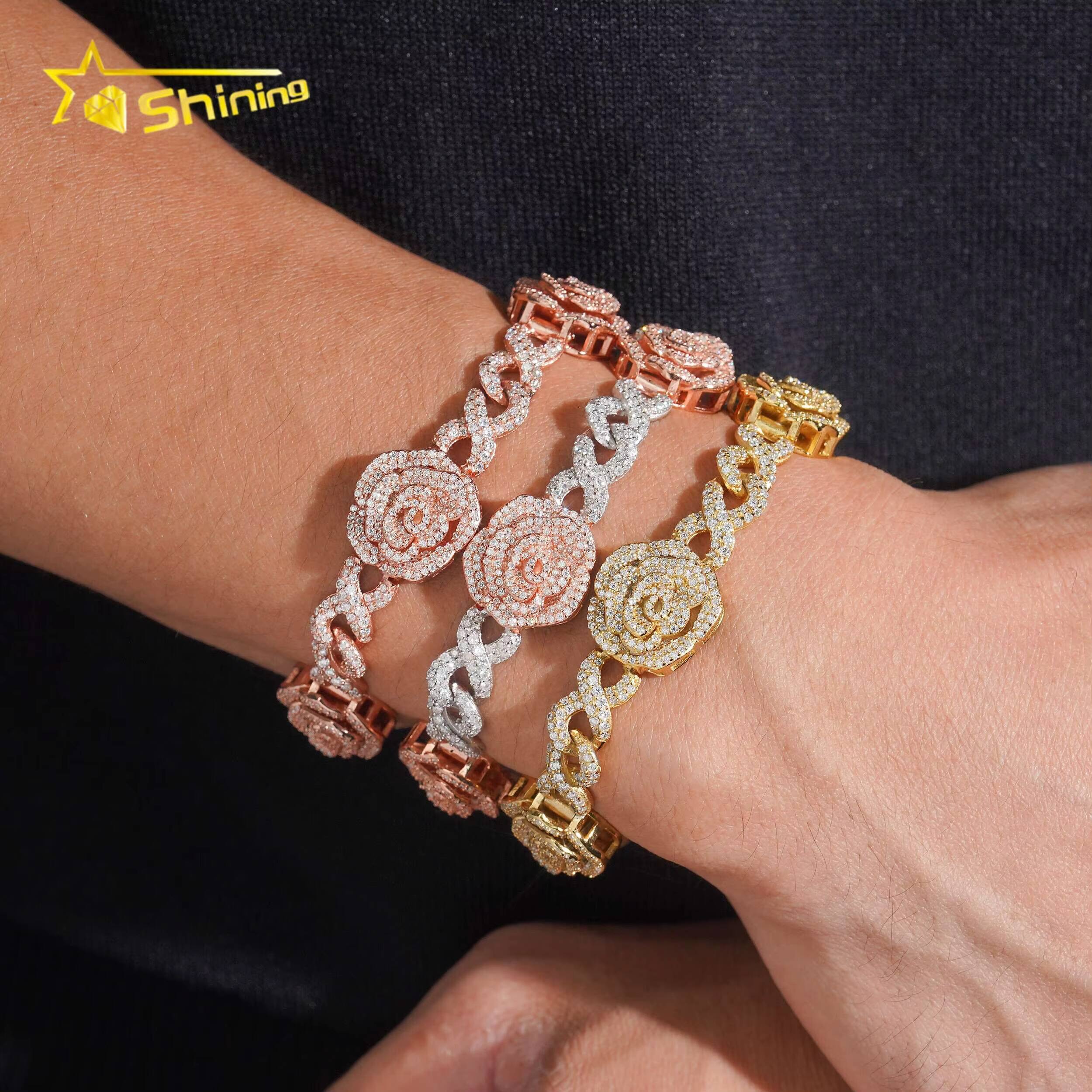Luxury Iced Out Rose Style Moissanite Cuban Bracelet Hip Hop Custom 925 Sterling Silver Bracelet for Men Women