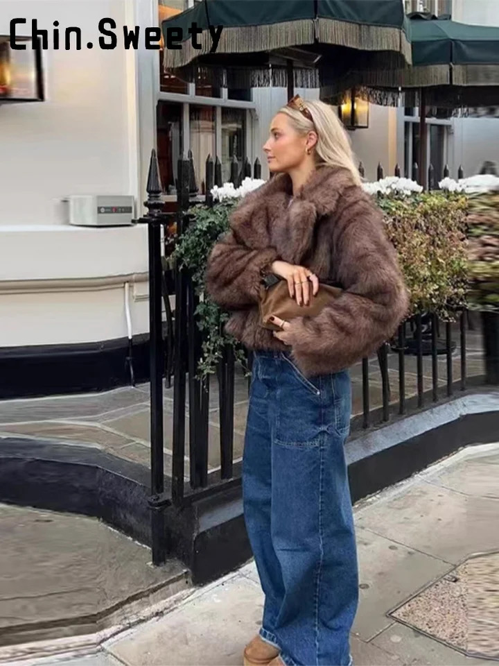 Fashion Solid Faux Fur Coat Women Loose Lapel Full Sleeve Street Outwears Autumn Winter Lady Furry Warm Outwear 251028