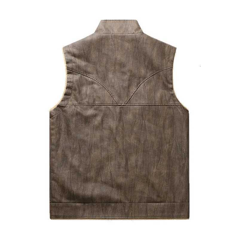 Man Leather Vest Autumn Winter Thicken Fleece Warm Stand Collar Male Waistcoat Sleeveless Zipper Casual Versatile Men Coat W251029