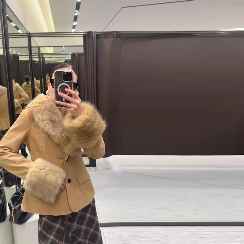Street Faux Fur Patchwork Women Jacket Elegant Solid Long Sleeve Pocket Button Female Coat 2025 Autumn Winter Lady Outwear 251029