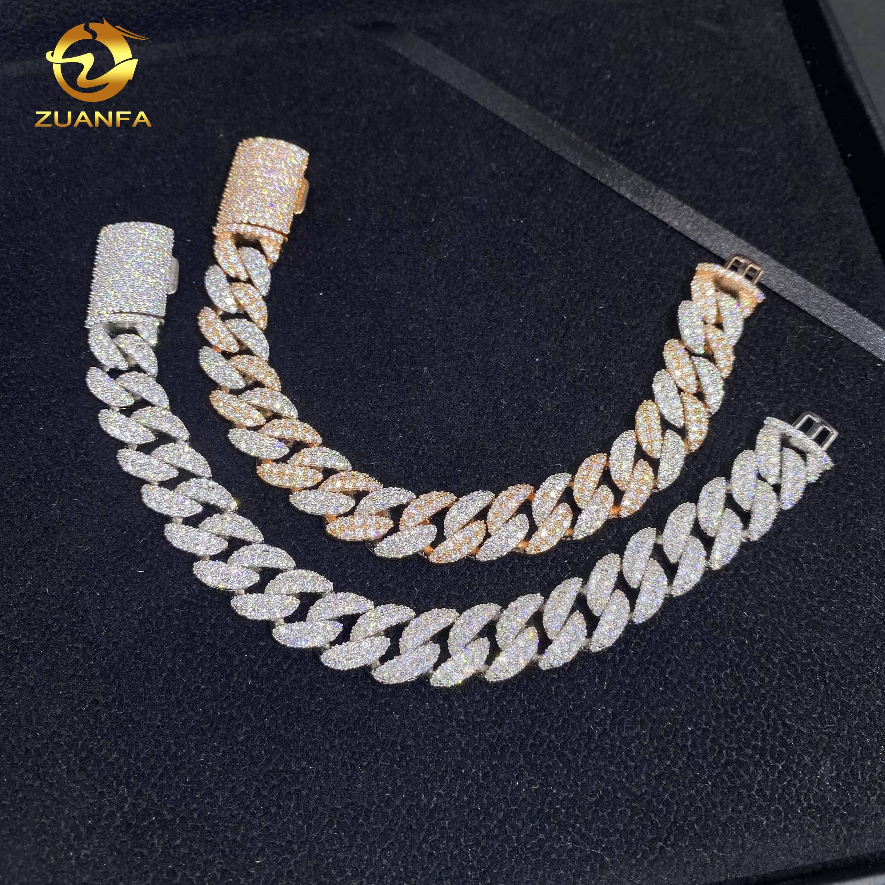 Luxury 12mm 2Rows Hip Hop Jewelry Iced Out Bracelet 925 Sliver VVS Moissanite Diamond 2Tone Miami Cuban Link Chain NecklaceDesigner style