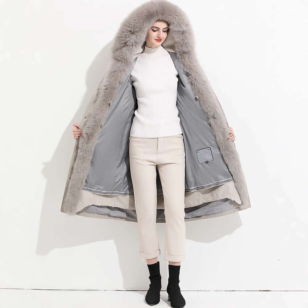 2025 Winter New Style Placket Fox Collar Parka Women's Hooded Long Coat Rex Rabbit Inner Lining Fur Jacket