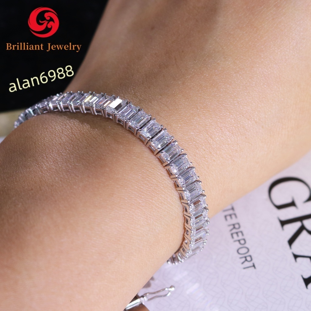 Hip Hop Moissanite Tennis Chain 925 Silver Iced Out Emerald Cut 3x5mm 4x6mm D VVS1 Moissanite Tennis Chain Bracelet