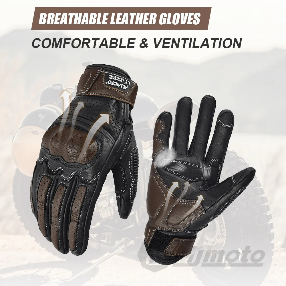 With CE Approved Summer Retro Perforated Leather Motorcycle Gloves Men Women Full Finger Motocross Dirt Biker Glove Guantes Moto 251013