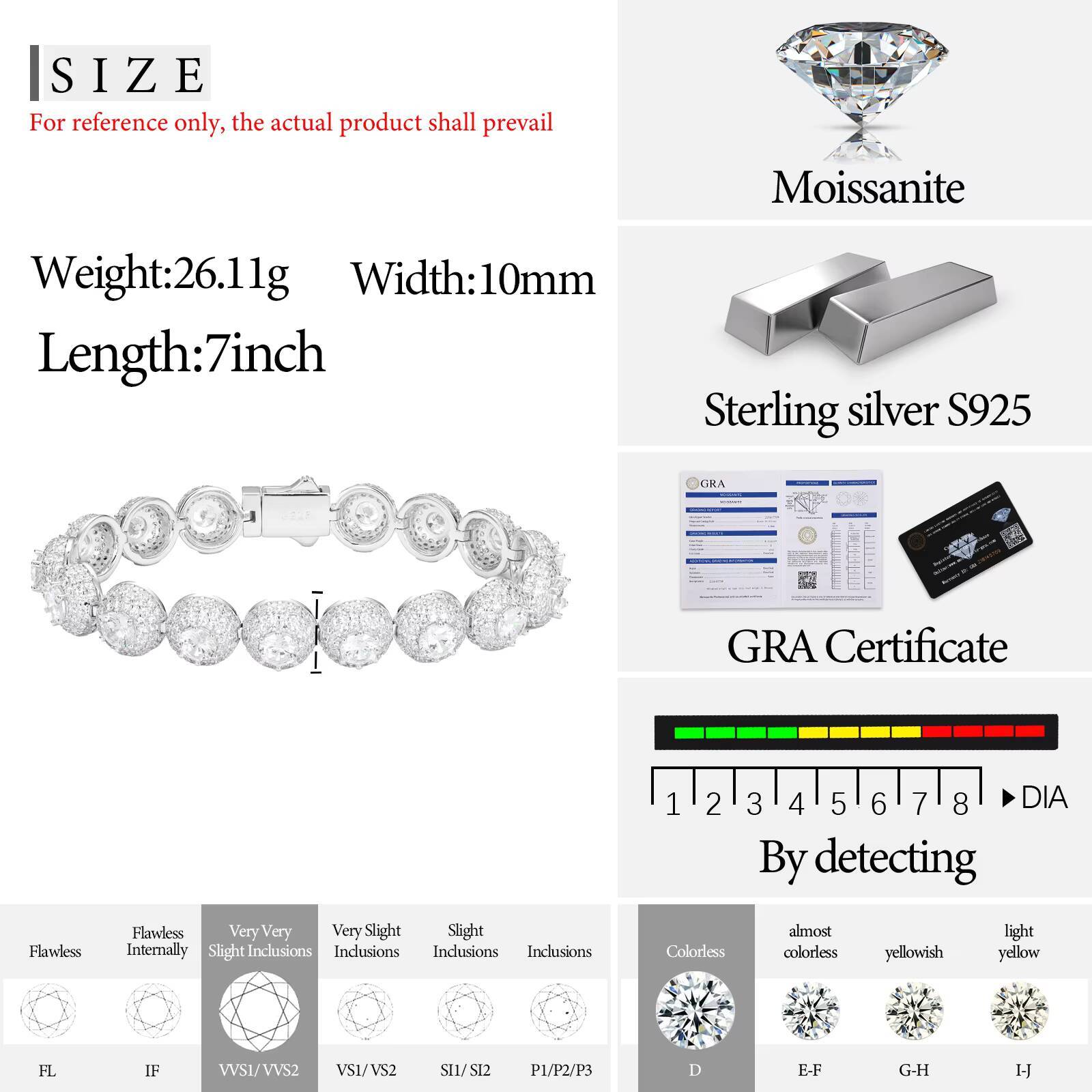 New Designs Luxury 10mm 925 Silver White Gold Plated VVS Moissanite Hip Hop Fine Jewelry Iced Out Round Tennis Bracelet