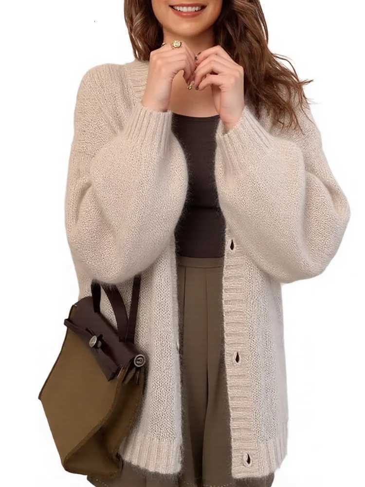 New Fashion Puff Sleeve Button Knitted Cardigan Womens Weaters Autumn Winter Long Sleeve Casual Loose Women Sweater CoatT251028