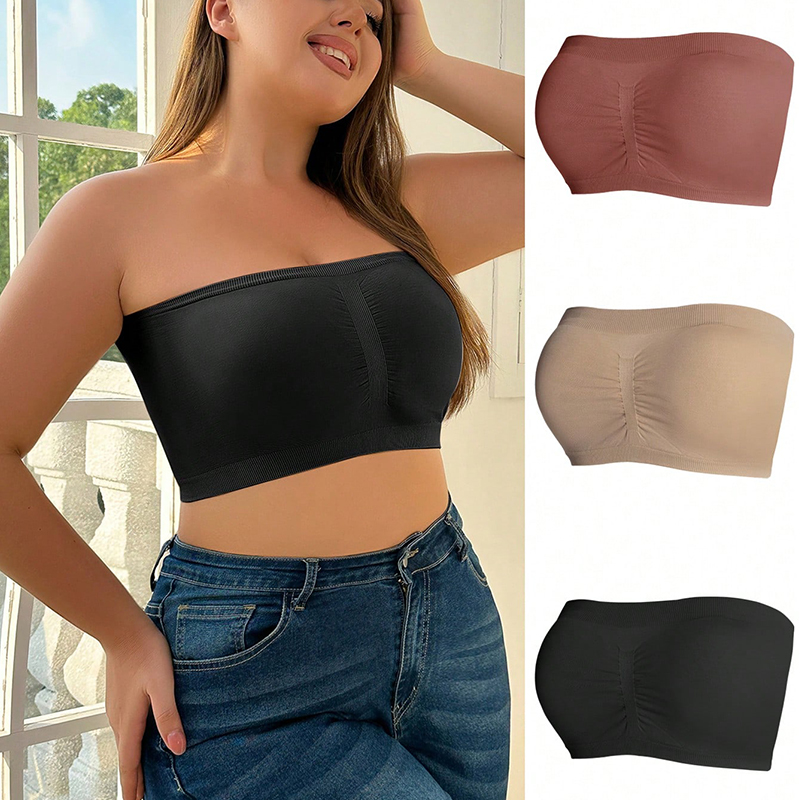 Bras Plus Size Seamless Bandeau Bra 3-Pack, Wireless Strapless Sports Crop Top, Stretchable Comfort Bra Set for Curvy Women Daily & Casual Wear