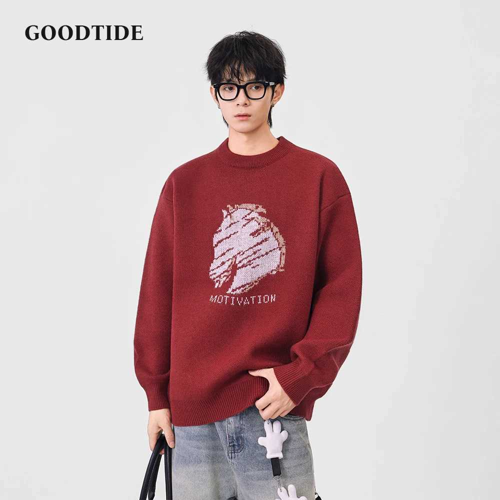 Fashion Mens Casual Crew Neck Sweater 2025 Winter New Horse Head Pattern Letter Print Knitted Pullover Soft Long Sleeve Top J251029