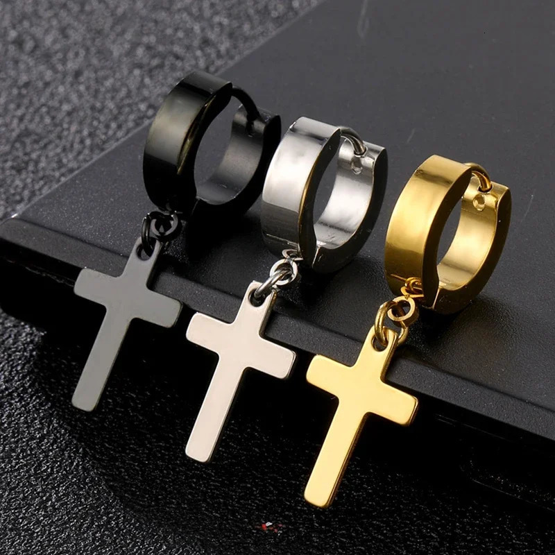 2pc Stainless Steel Men Cross Stars Punk Dangle Earrings Gothic Woman Cross Ear Hoop Earrings Pendant Piercing Jewelry 251013