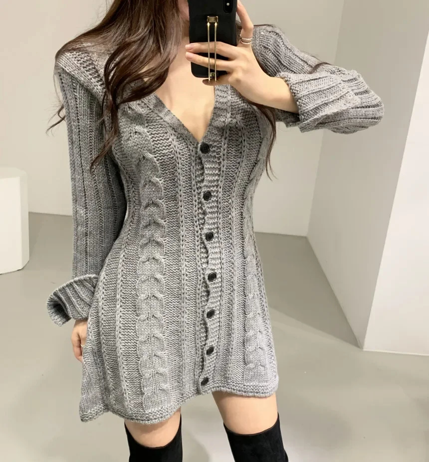 Sweater Dress for Women Long Sleeve Cable Knit Button Down Knitted Mini Dress for Women Teen Fall Winter Chic Outfit 251029