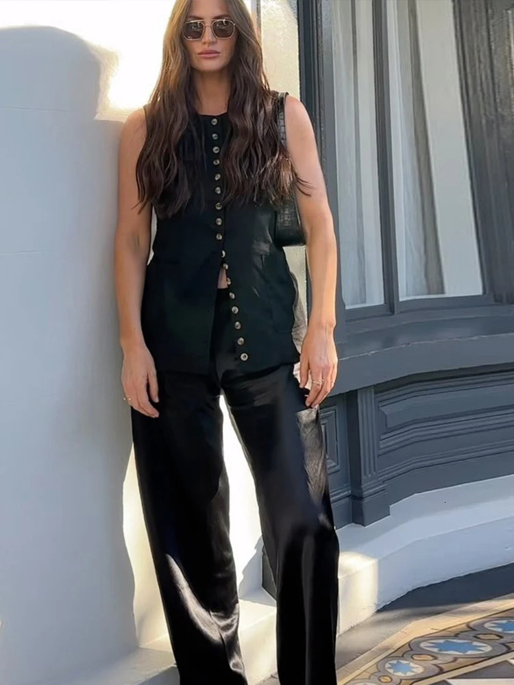 Elegant Single Breasted Long Vest Women Summer Oneck Sleeveless Slim Back Lace Up Tank Tops Fashion Lady Office Waistcoat 251029