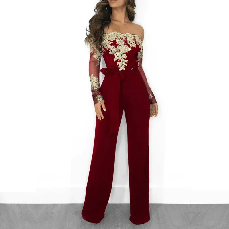 Appliques Lace Patchwork Jumpsuit Women Sexy Off Shoulder Slash Neck Long Sleeve Elegant Wide Leg Pants Party Overalls 251029