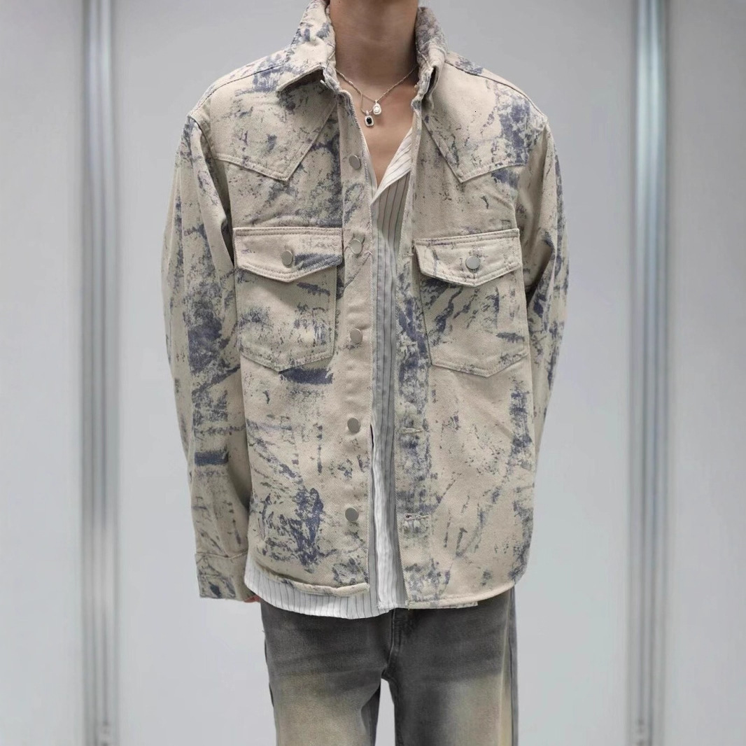 Tie-dye Lapel Denim Jacket For Men Spring And Autumn High-end Feel Stylish American High Street Niche Designer Jacket Lazy Style Top