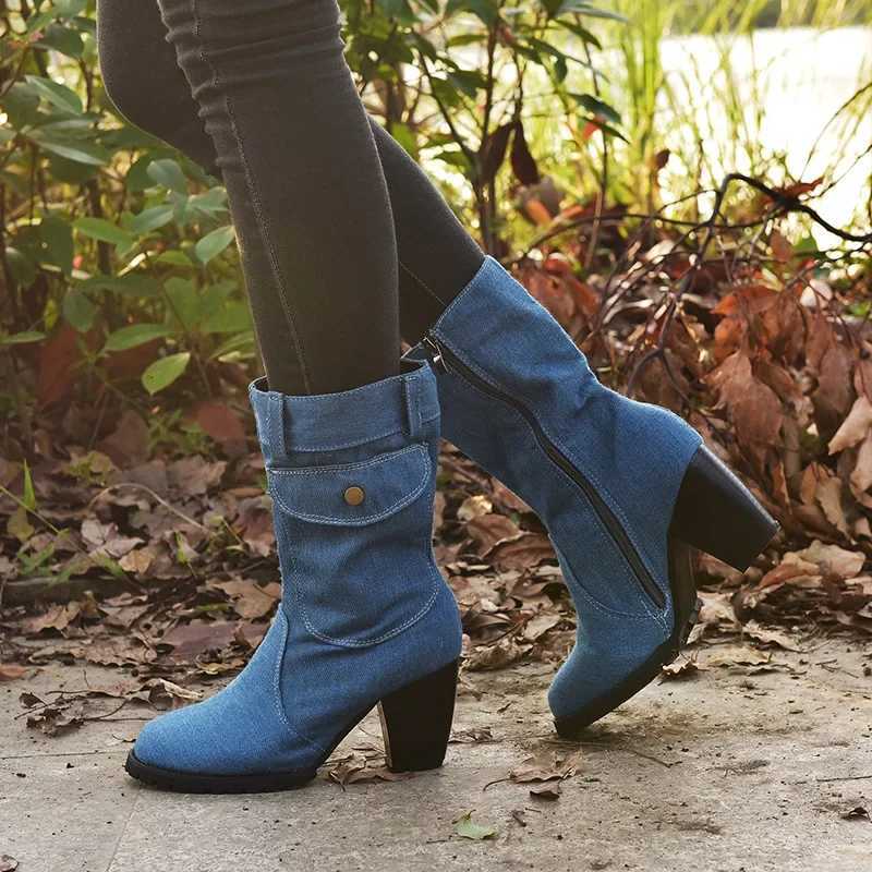 Cowboy Womens Boots 2024 Autumn and Winter New Pointed Denim Style Casual Temperament High Heels Single Shoes Zapatos De Mujer Z251029