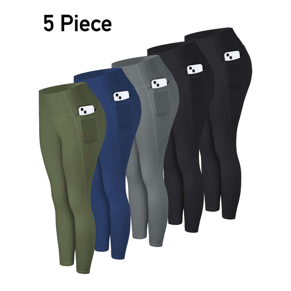 5pcs Multi-Color Pack Maroon/Blue/Black/Olive Women's High-Waisted Leggings with Side Pockets - Non-See-Through & Pants, Stretchy Cropped Bottoms