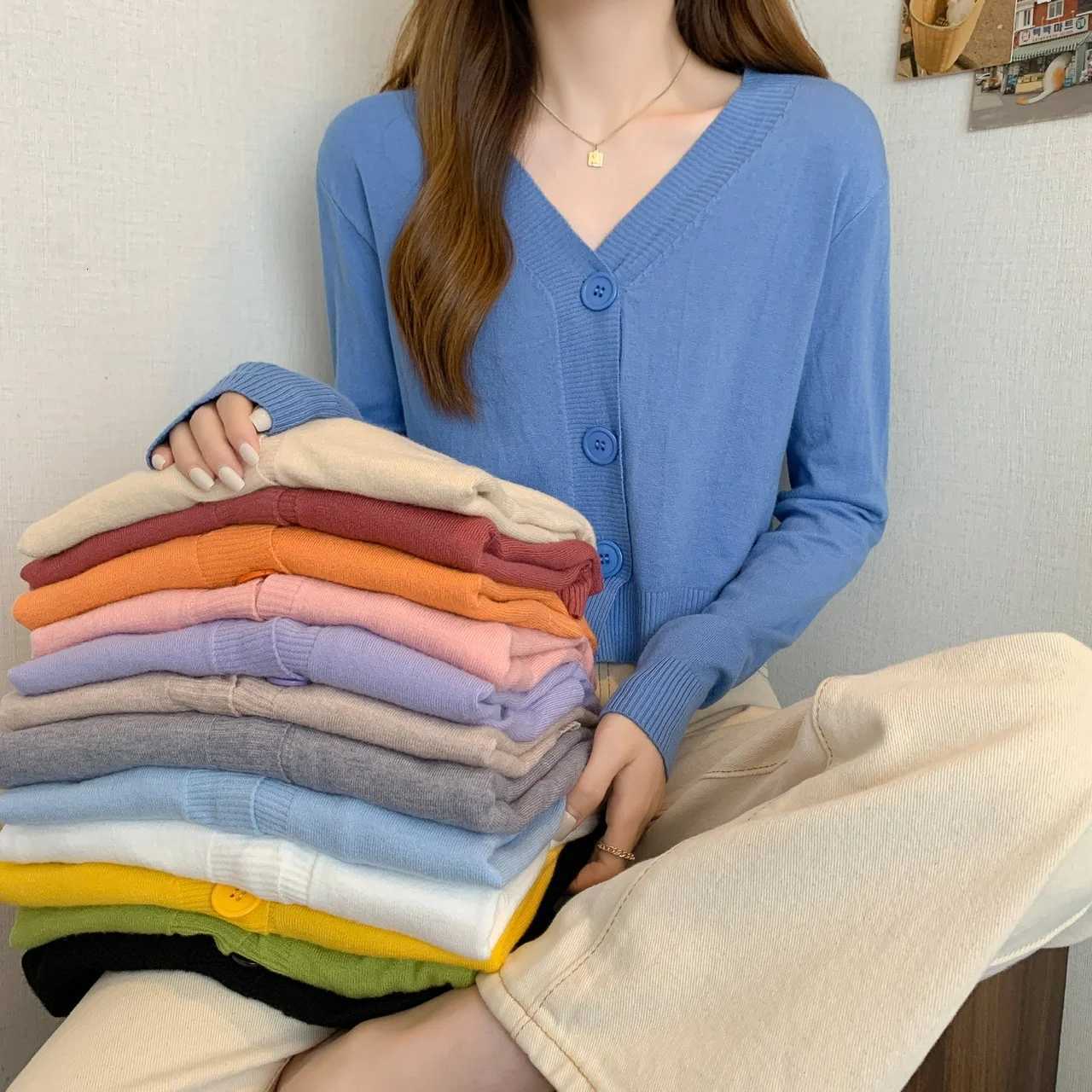 Thin Summer Yellow Cardigan Knitted Shirt Womens High Stretch Long Sleeve Casual VNeck Sweater Tank Top ClothesT251028