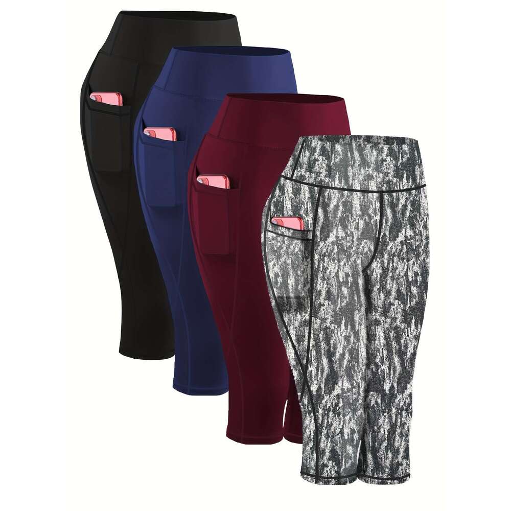4Pcs Plus-Size Women's Capri Yoga Leggings - High-Waist, Stretchy Compression Fiess Pants With Side Pockets, Breathable Knit Fabric In Black, Nav