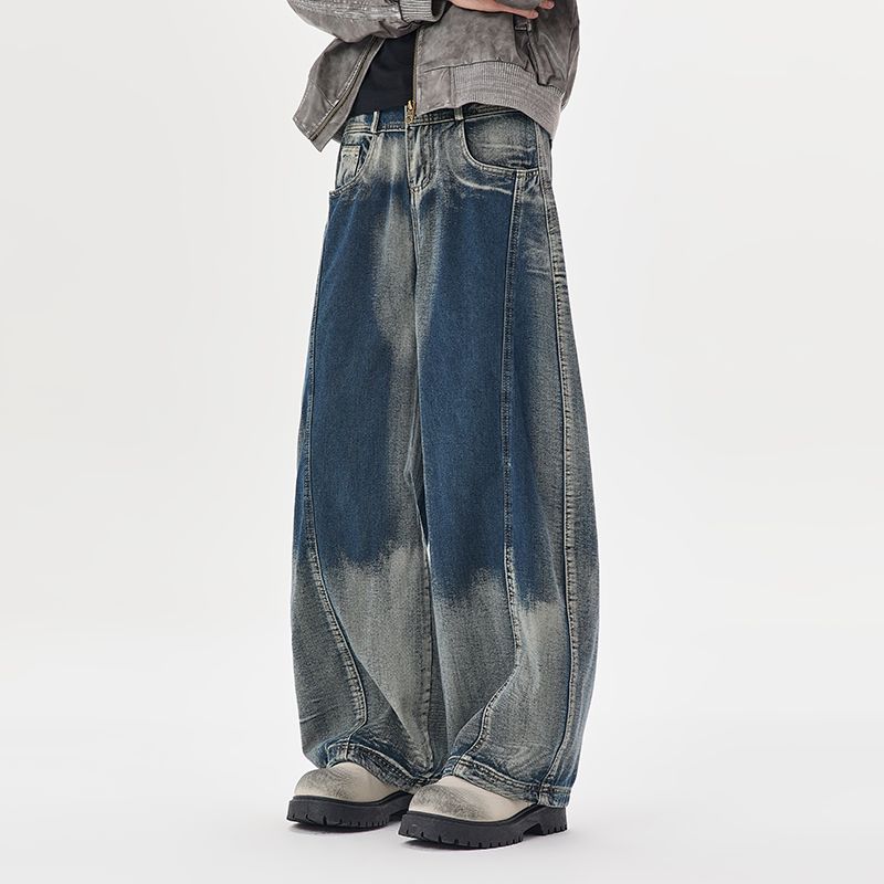 Japanese-style gradient high-end curved jeans, men's retro washed American straight-leg pants, autumn versatile wide-leg pants---9006