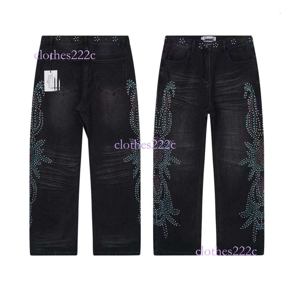 Trendy Vintage Full Rhinestone Ripped Jeans Street Style Hip Hop Long Pants Unisex