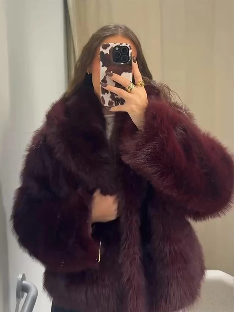 Elegant Burgundy Red Fur Coat Women Loose Warm Lapel Lace Up Full Sleeve Coats Female Chic Thicken Belt Winter Outwear Lady 251029